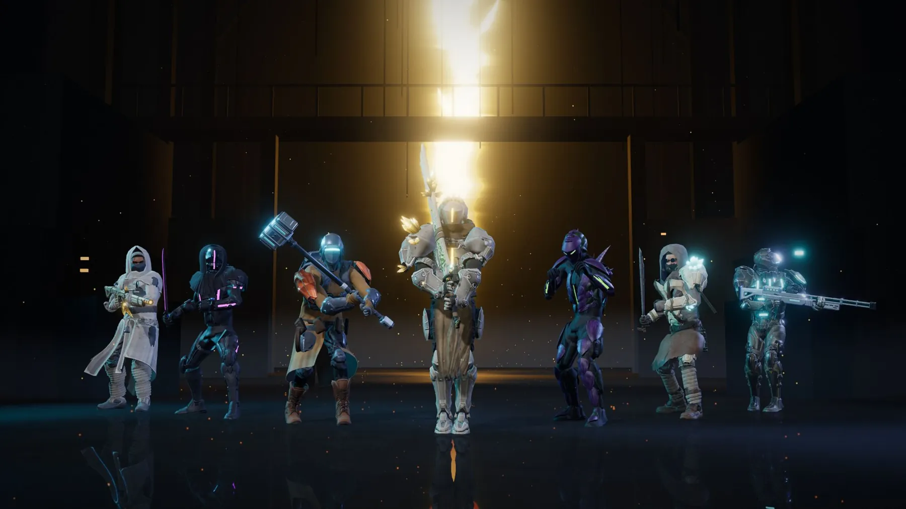 Seven armoured freelancers standing in a dark hall, lit by a golden beam