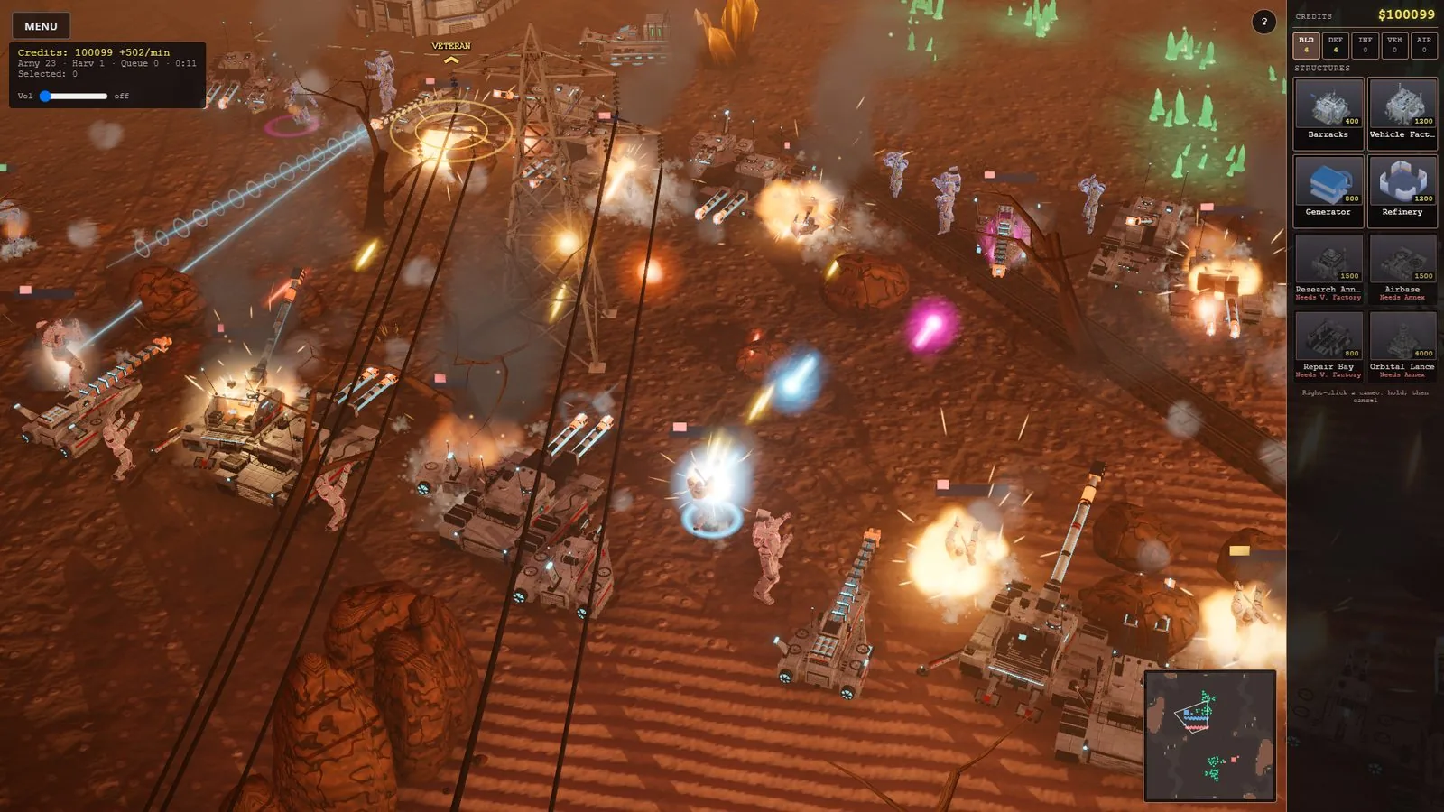A Harrowfall battle with tanks, infantry and explosions across a red desert