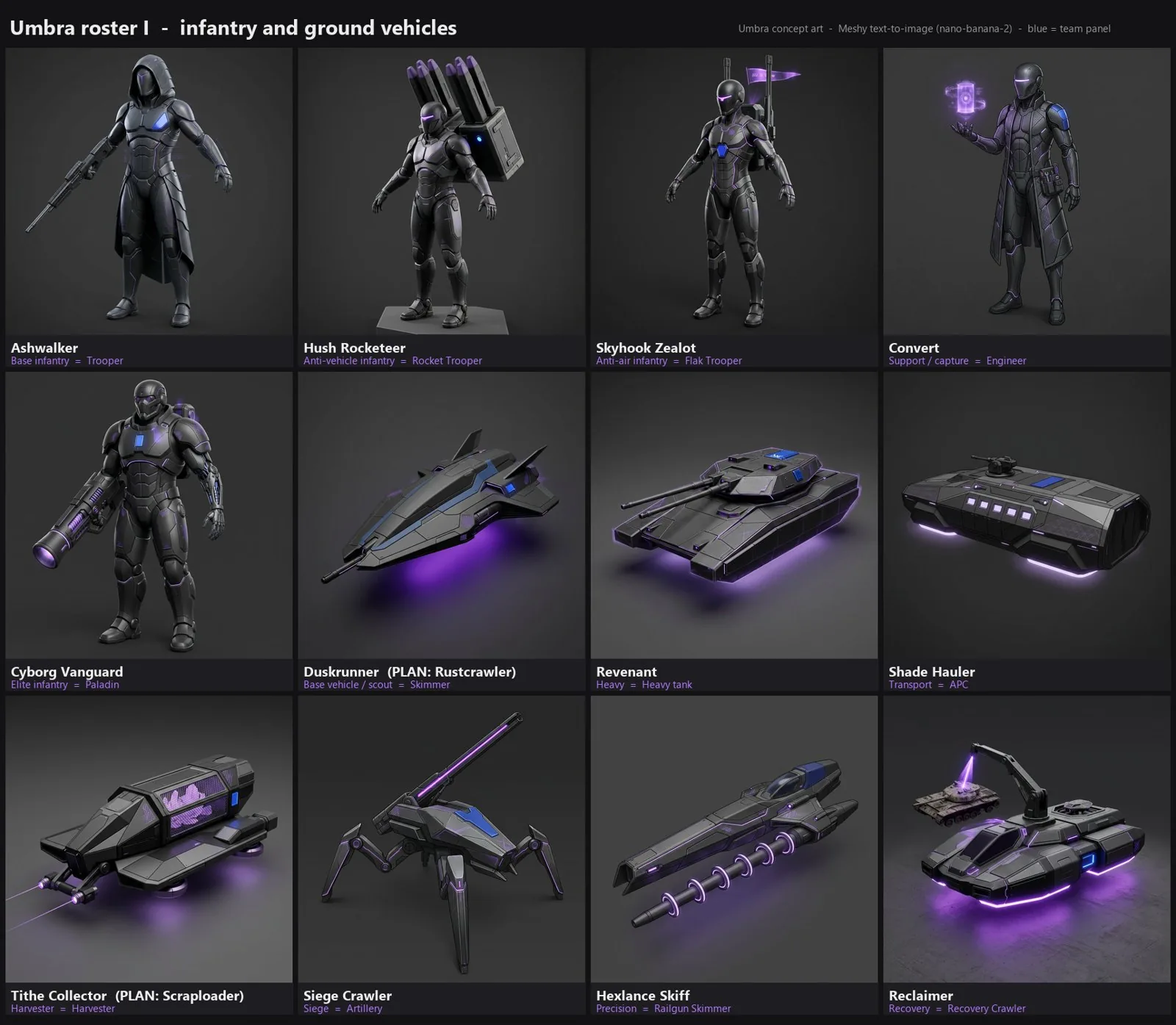 Umbra concept sheet with infantry and ground vehicles
